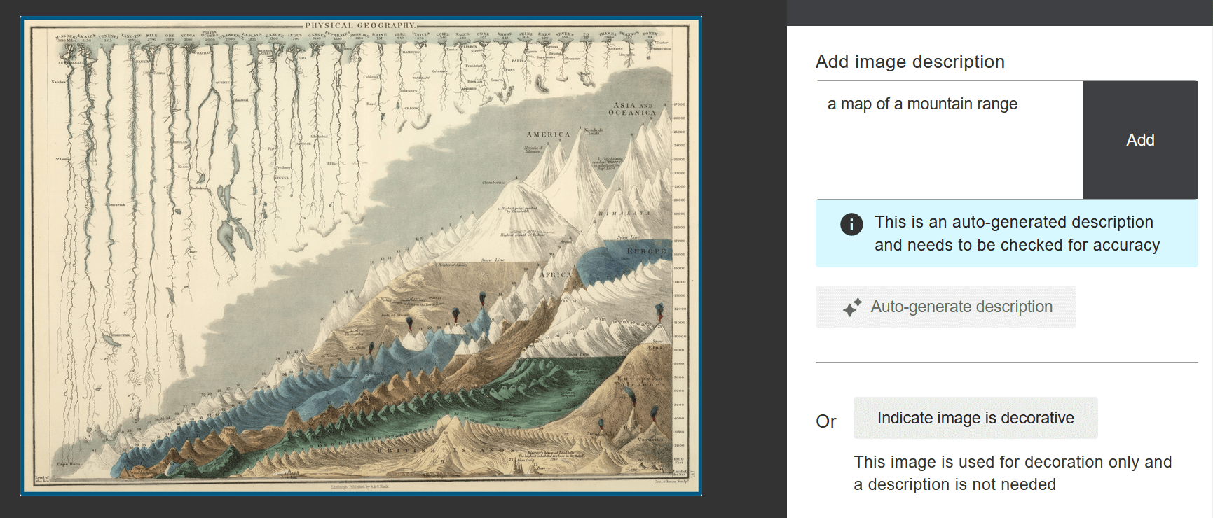 For the same image of rivers and mountain ranges, Ally suggested the following alt text: 'A map of a mountain range'.