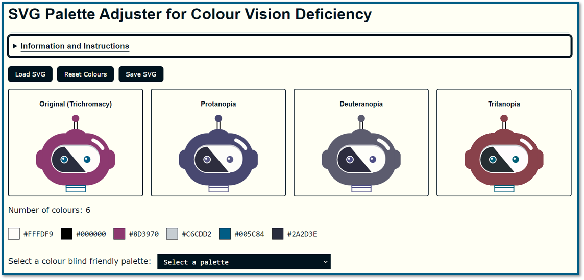 In this early version the buttons to load, reset and save the SVG use the button design of my website. Instructions have been added within a disclosure widget. CVD simulation is implemented so the image is repeated in 4 containers but looks different in each. The colours are listed horizontally rather than vertically allowing more efficient screen usage.