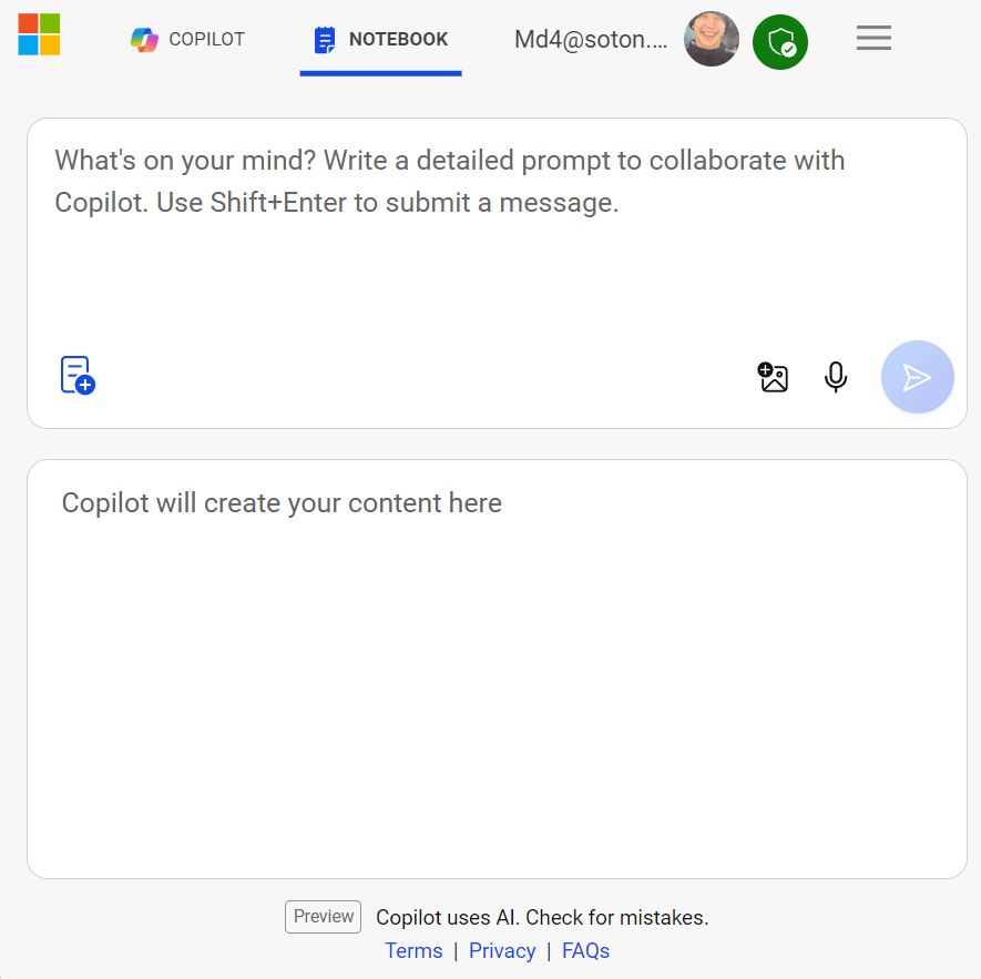 Copilot notebook's interface is focussed on both the question and the answer. It looks more formal and austere in its design language.