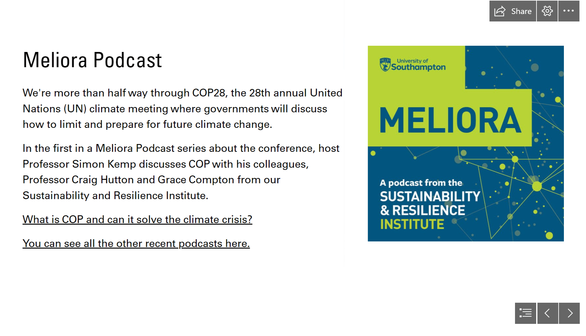 University of Southampton Staff Matters page with information about the Meliora Podcast. It introduces that this podcast is about the 2023 United Nations Climate Change Conference or Conference of the Parties of the UNFCCC, more commonly known as COP28.