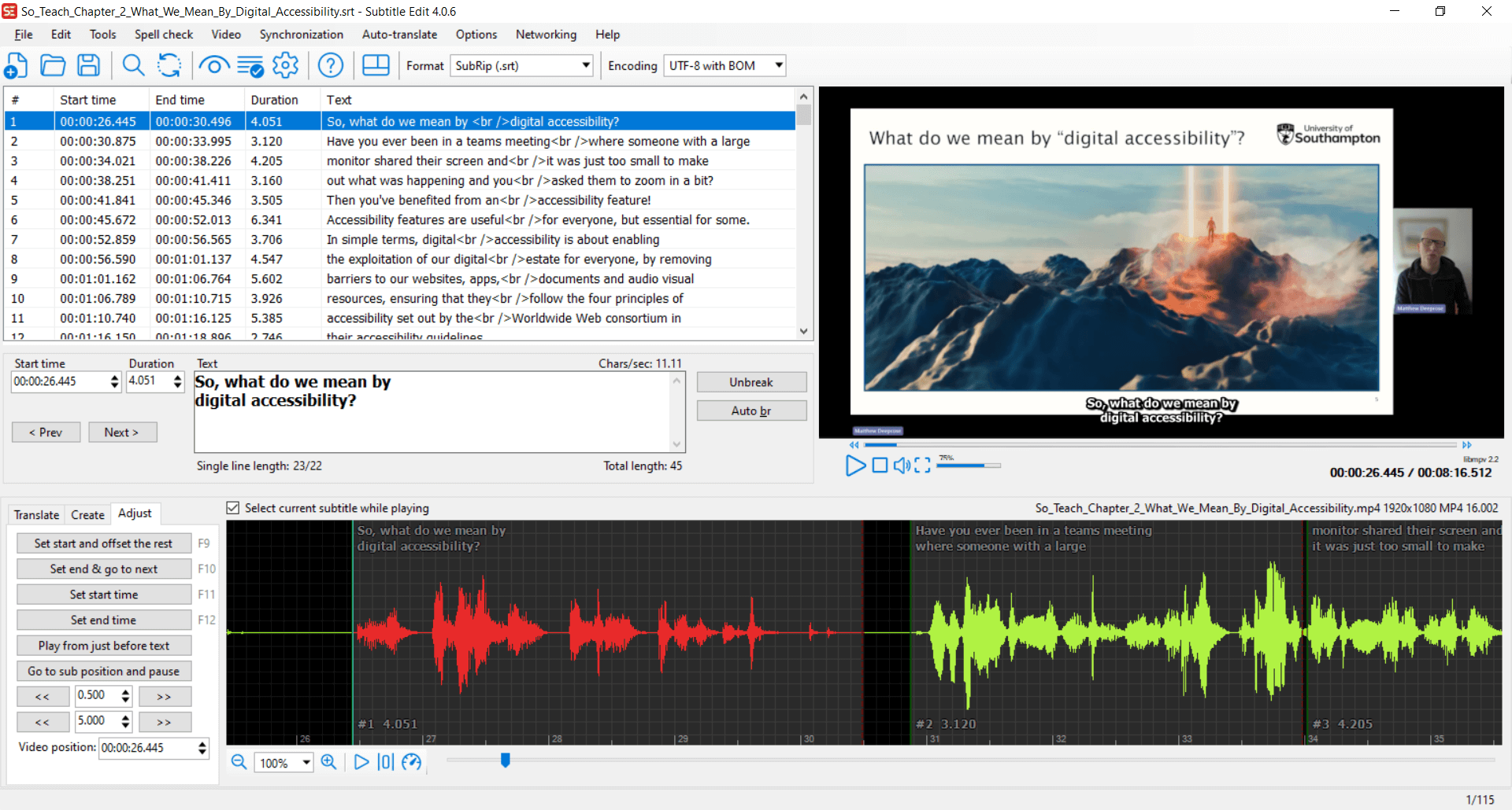 Subtitle Edit interface. A video explaining what we mean by digital accessibility is previewed. The captions are listed for the video. The waveform of the sound is also displayed. A section of the waveform is in a different colour, to correspond with the caption selected.