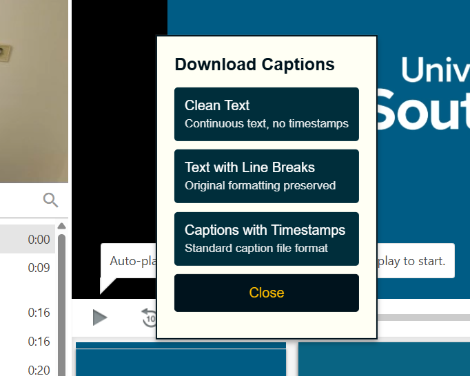 Panopto video. Buttons provide download options for plain text, text with breaks, and captions files.