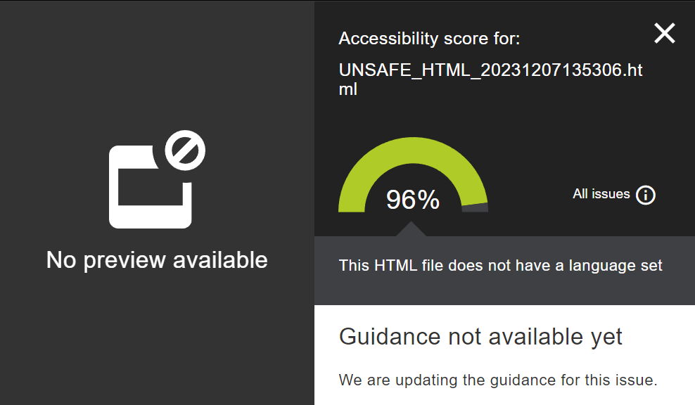 A Blackboard report about accessibility of an unsafe HTML file. There is no preview of the content so you don't know what the error is about.