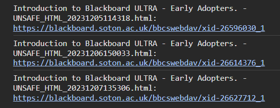 A list of UNSAFE_HTML files and direct links to view them, shown in the browser console.